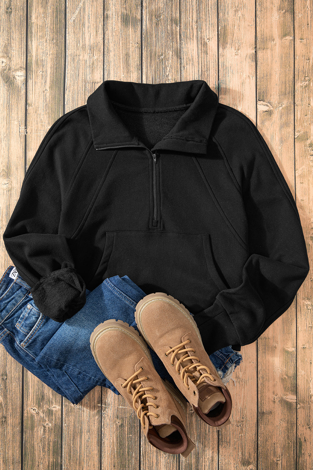 Black Fleece Lined Zip Up Stand Collar Thumbhole Sleeve Sweatshirt