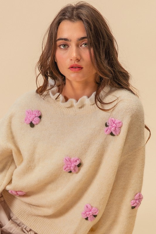 BiBi Ruffled Crochet Flower Dropped Shoulder Sweater